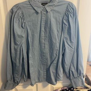 Chambray Button Down Oversized Sleeve Blouse